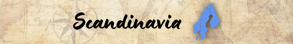 Neutral hued background has the word &ldquo;Scandinavia&rdquo; and a light blue map of that region.